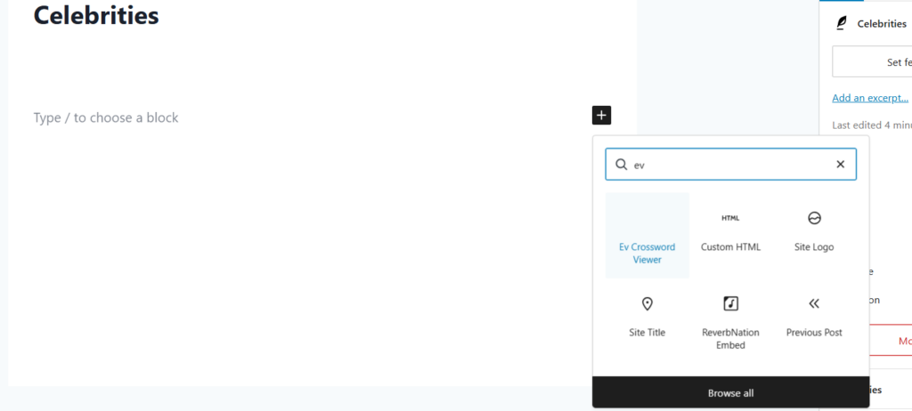 Adding the Crossword block to a page or post.